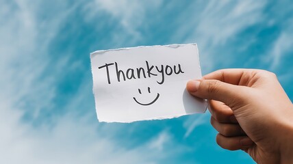 Hand holding a thank you note with a smiley face