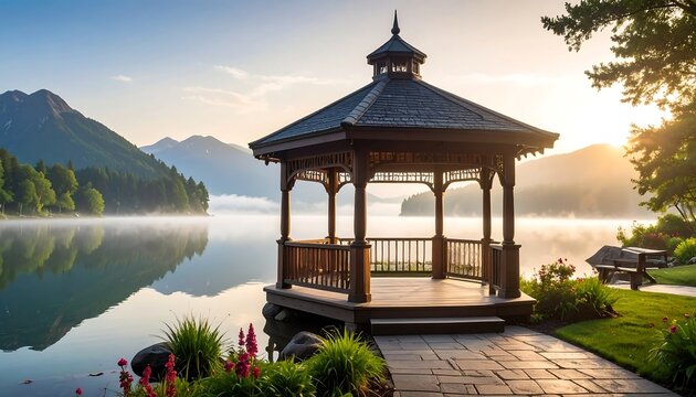 Serene gazebo on a misty lake
