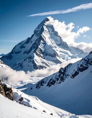 Snowy mountain peak in sunlight