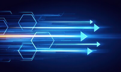 Blue streaks and arrows with hexagons converge, creating a modern and futuristic design against a dark background with a golden streak