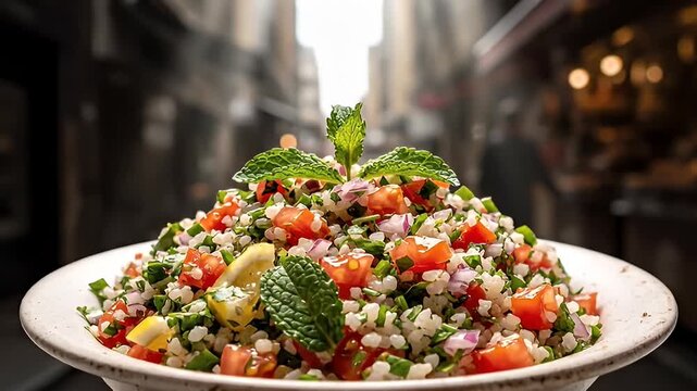 Delicious Tabbouleh Salad in a Bowl with Fresh Mint and Lemon, Street Food Style