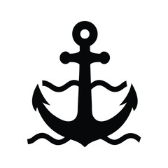 Black anchor symbol with waves, a maritime symbol of hope and stability, anchor with wavessilhouette vector illustration