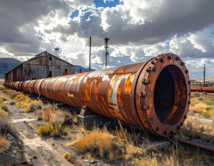Rusty Industrial Pipe with Cloudy Sky in Abandoned Landscape Scene
