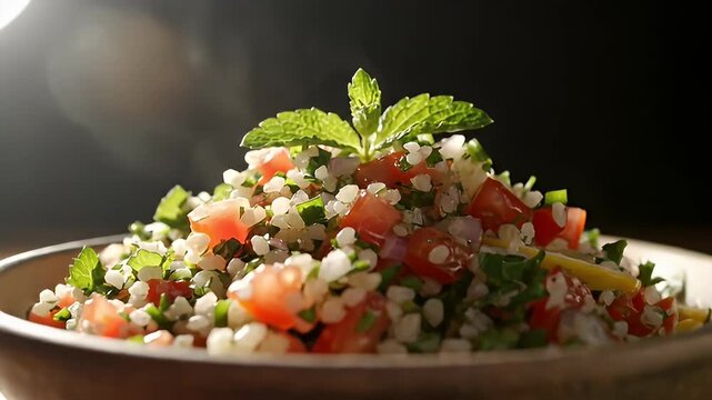 Close-up cinematic shot of a fresh, healthy tabbouleh salad with mint, tomatoes, and bulgur in