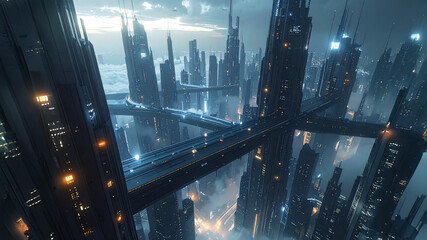 An expansive, high-angle view of a dystopian futuristic city, featuring towering skyscrapers connected by illuminated elevated highways. The moody atmosphere hints at advanced but perhaps isolated urb