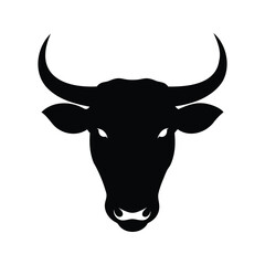 Silhouette of a powerful bull head with sharp horns in black color, bull head close up silhouette vector illustration