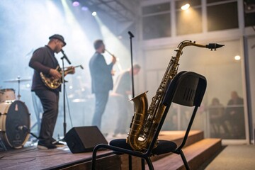 Naklejka premium Saxophone on chair foreground with jazz performance on stage