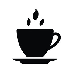 Black silhouette graphic of a steaming hot coffee or tea cup icon, coffee cup with beans silhouette vector illustration