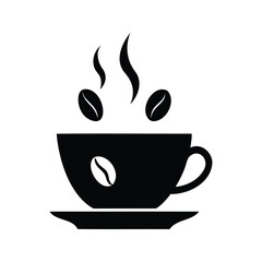 Silhouette of coffee cup with steam and coffee beans, minimalistic design, coffee cups and beans icon silhouette vector illustration