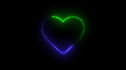 Flashing neon heart on transparent background, 60Fps, Valentine's day. Red beating heart on black and green backgrounds, loopable animation. 4K video.