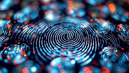 Abstract fingerprint security and data protection technology, biometric identification. Blue digital representation, data visualization.