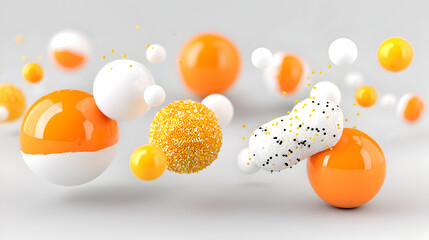Image showcases abstract 3D rendering glossy orange white spheres, some textured, yellow black speckles, floating against a light grey background.