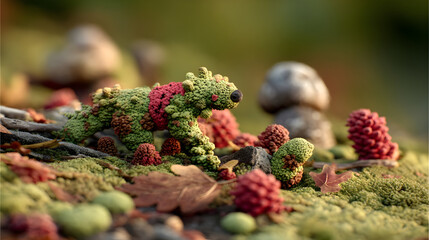 A whimsical moss creature strolls through a miniature autumnal forest, surrounded vibrant red green flora.