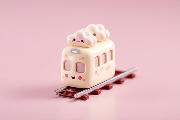Cute yellow and white kawaii toy tram on tracks isolated on pink background