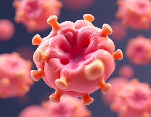 A microscopic view of a virus cell with a round shape, surrounded by spikes, suggesting the potential threat