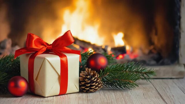Christmas present near fireplace. Merry xmas and happy new year 2026 greeting card