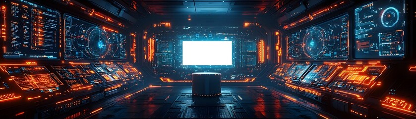 Obraz na płótnie Canvas Futuristic high tech control room interior with glowing orange and blue digital interfaces and a central blank display