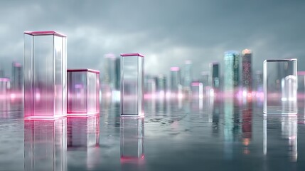 Abstract Clear Bar Chart Hologram Displayed Over Water Reflecting Distant Cityscape Against Overcast Sky with Pink Highlights