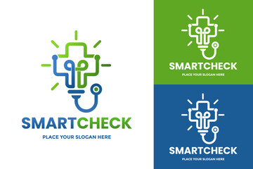 A modern, simple logo for a health technology company, featuring a stethoscope and a cross with an abstract technology element, perfect for clinics, doctor's offices, or medical apps.