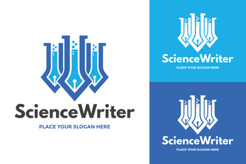 A creative, minimalist logo combining a pen nib with test tubes, suitable for science writers, educational platforms, research companies, or laboratory services.