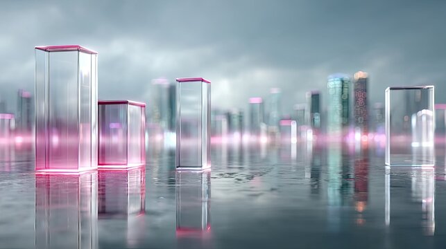 Abstract Clear Bar Chart Hologram Displayed Over Water Reflecting Distant Cityscape Against Overcast Sky with Pink Highlights