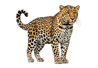 Naklejka premium A majestic leopard stands proudly against a pure black background, showcasing its intricate spotted coat and alert demeanor.