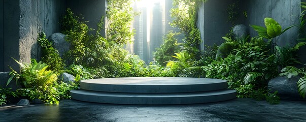 An empty minimalist podium is surrounded by vibrant greenery and dramatic sunbeams against a futuristic cityscape backdrop