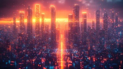 Fototapeta premium Futuristic urban nightscape bathed in vibrant neon light from towering skyscrapers and illuminated pathways