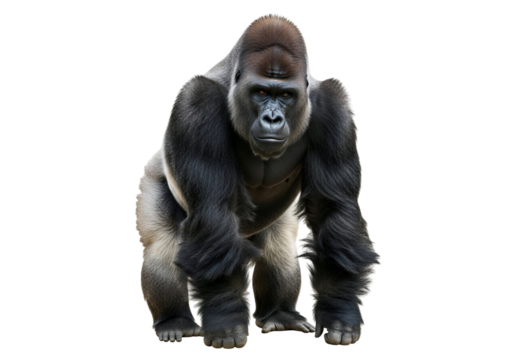 A powerful gorilla stands poised against a stark black background, showcasing its imposing physique and intense expression.