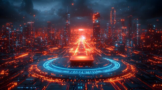 A vibrant futuristic city at night with glowing energy lines and a central digital hub