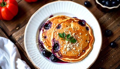 A top-down shot of two delicious pancakes topped with blueberries and a drizzle of syrup, served on a white plate on a wooden table