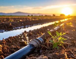 Drip Irrigation Pipe Watering Plants at Dawn in Agricultural Field
