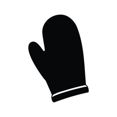 Single black winter mitten depicted in a simple silhouette style illustration, oven mitts silhouette vector illustration