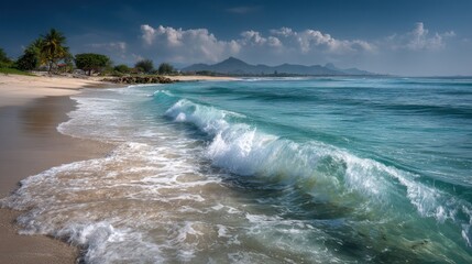 Idyllic Seascape with Gentle Wave and Distant Mountains on Tropical Coast