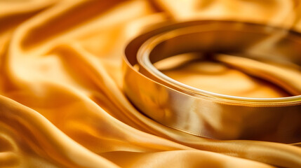 Close-up a golden ribbon elegantly draped luxurious golden silk fabric. image evokes luxury, elegance, sophistication.