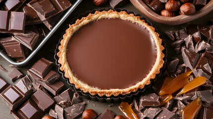 A rich chocolate tart, surrounded broken chocolate pieces, hazelnuts, caramel, creates a delectable dessert image perfect food blogs culinary websites.