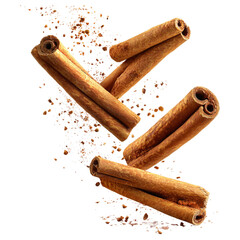 Aromatic cinnamon sticks and powder flying in the air png