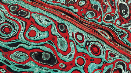 Intricate abstract image featuring swirling red teal patterns, resembling organic forms textures. Ideal backgrounds design elements.