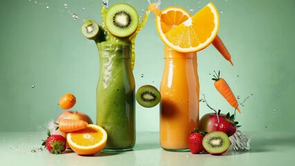 glass bottles filled with vibrant fruit juices in varying colors on green background