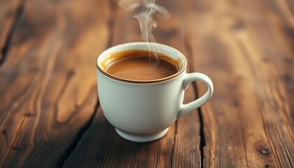 A steaming ceramic coffee cup on a rustic wooden table, table, relax