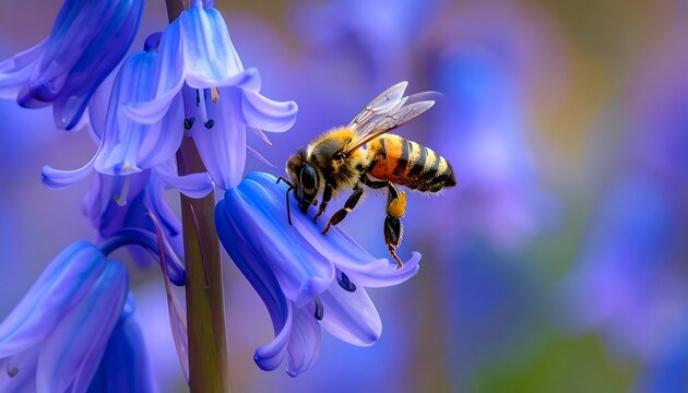 A honeybee in flight, delicately collecting nectar from a vibrant bluebell flower, showcasing the intricate details of both insect and bloom.