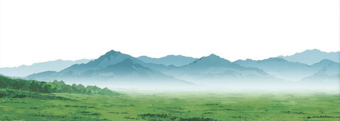 Misty Mountains and Green Meadow Landscape