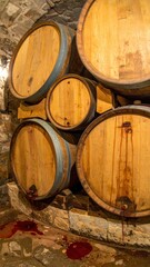 Wooden Wine Barrels in Cave Cellar with Red Wine Spills on Floor