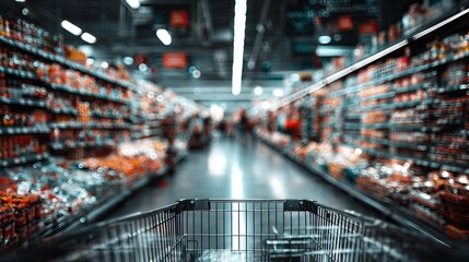 Empty Shopping Cart In Grocery Store Aisles
