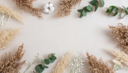 Dried flowers and eucalyptus frame on beige background.
