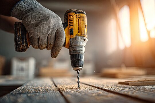 Close Up Drill Operation On Wooden Plank - Powered by Adobe