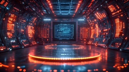 A futuristic digital environment resembling a high tech stage or command center illuminated by glowing red and blue data displays and a central