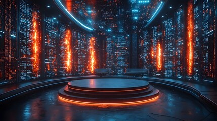 Futuristic high tech interior with a central stage glowing digital panels and neon lighting