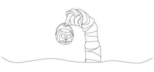 Continuous one line drawing of a mummy hand holding a Halloween pumpkin lantern. Minimalist linear illustration representing horror, spooky theme, scary night, and Halloween celebration