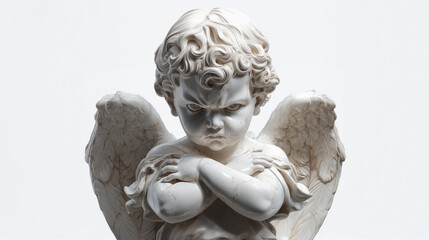An angry cherub statue with arms crossed on white